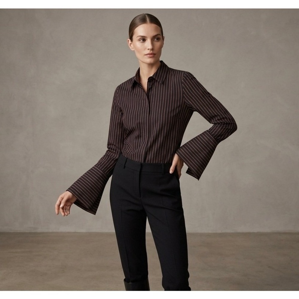 Lafayette 148 New York Women Shirt Navy Orange Striped Bell Cuff Button Down 4 - Picture 1 of 12